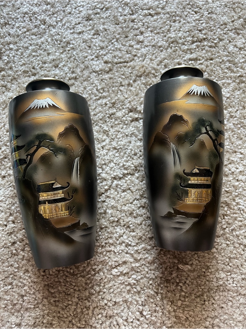 Hand-Painted Japanese Landscape Vases - Pair, Black & Gold
